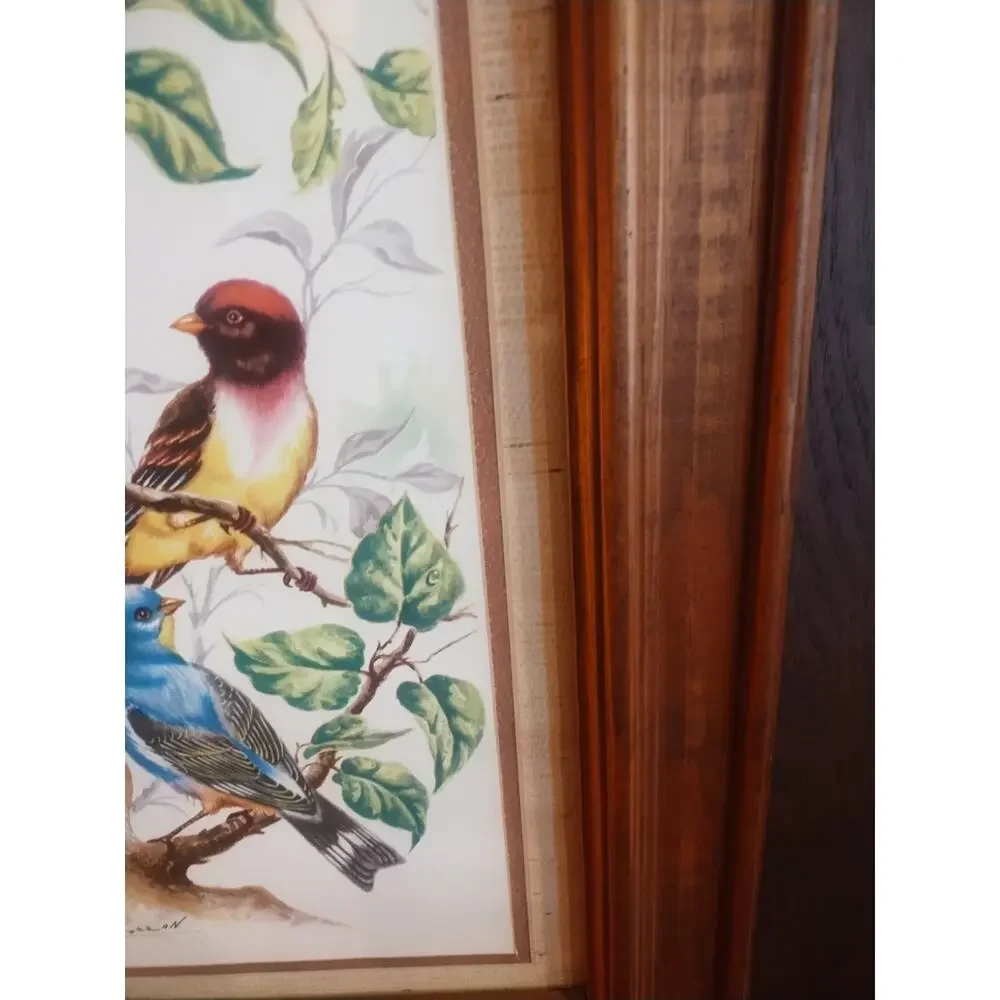 Vintage Art Framed Picture Painting Print Birds Tree Decorative Wood Frame & Mat